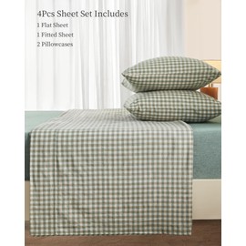PURE ERA Queen Sheet Set 100% Washed Cotton Gingham Bed Sheets Queen Size, 4 Pieces Set, Soft, Breathable, Durable, Linen Feel - 14'Deep Pocket - Checked Green