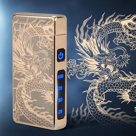 LcFun Electric Lighter USB Rechargeable, Dual Arc Plasma Lighter, Windproof Flameless Lighters, Electronic Lighters with LED Battery Indication Gifts for Men Boyfriend Husband (Dragon Gold)