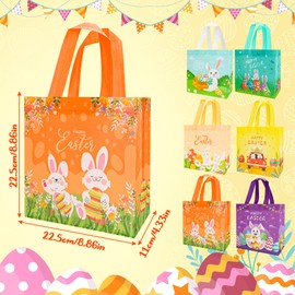 MestectPET 6PCS Easter Gift Bags with Handles, Happy Easter Non-Woven Reusable Gift Bag for Kid, Bunny Egg Hunt Party for Gifts Wrapping, 22.5 x 22.5 x 11 CM