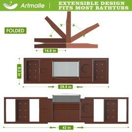 Bathtub Caddy Tray for Tub, Foldable Bamboo Bath Table Tray with Book and Wine Glass Holder, Expandable Bathroom Accessories with Free Soap Dish Suitable for Luxury Spa or Reading, Brown