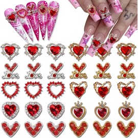 30 Pcs Valentine’s Day Nail Charms 3D Alloy Nail Art Charms 3D New Heart Love Shape Red Valentine's Day Gems Design for Manicure Craft DIY Diamond Nail Rhinestone Manicure Accessories
