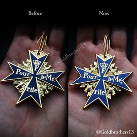 FREECROWS Pour Le Merite 24k Gold Plated Cross Medal Blue Max Highest Honor + Ribbon Repro