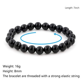 Natural Gemstone Bracelet 8mm Chakra Round Beads Crystal Reiki Healing Elastic Stretch Stone Bracelets for Women Men 7 Inch (Black Agate)
