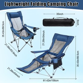 Yuntau 1 Set Reclining Camping Chairs with Removable Umbrella Folding Recline Camp Chairs for Outdoor(Blue)