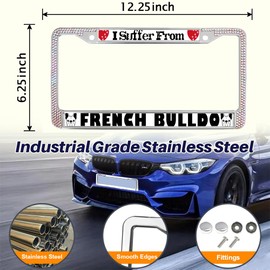 Bulldog Love Heart Bling License Plate Frame for Women Bulldog Best Friend Rhinestone License Plate Frame Chrome I Suffer from French Bulldog Rhinestone License Plate Frame for Dog Lover