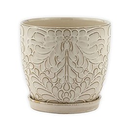 Napco Imports Floral Embossed Ceramic Pot with White Glaze for Indoor Plants Planter, 7.5 x 7.5