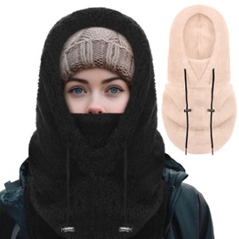 Jeere 2 Pcs Hood Fleece Balaclavas for Women Winter Face Mask Thermal Face Cover Hat Neck Warmer Scarf Adjustable for Cold Weather