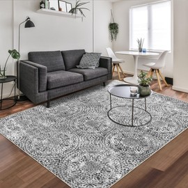 vivorug 5x7 Area Rugs, Stain Resistant Washable Rug for Living Room, Neutral Vintage Inspired (Grey/Medallion, 5'x7')