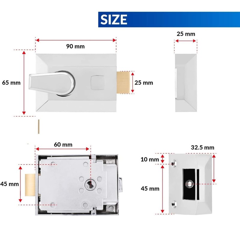 Standard Deadlocking Night Latch 60mm, Complete with Rim Cylinder and