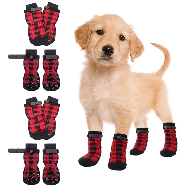 BDSHUNBF 4 Pairs of Indoor Non-Slip Socks for Dogs, Dog Socks, Non-Slip Socks Dog with Velcro Closure, Soft Adjustable Paw Protection for Old Dogs, with Strap, Traction Control