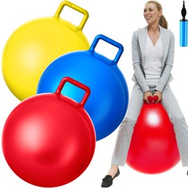 Lewtemi 3 Pcs 31 Inch Bouncing Ball with Handle, Outdoors Hopper Jumping Hopping Ball and Air Pump for Sports School Games Exercise (Red, Blue, Yellow)