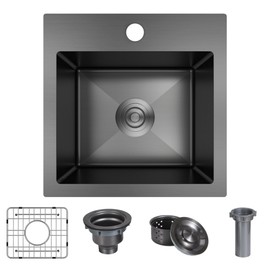 15 x 15 inch Drop in Bar Sink Black, Black Bar Sink 18 Gague Topmount Single Bowl Small Kitchen Sink with Basket Strainer Drain & Bottom Grid