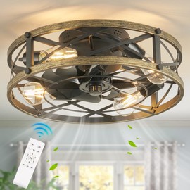 SabvioZh 19in Caged Farmhouse Ceiling Fan with Light, Flush Mount Ceiling Fans with Lights and Remote, Low Profile Bladeless Ceiling Fans with Lights for Bedroom, Kitchen (Flush Mount)