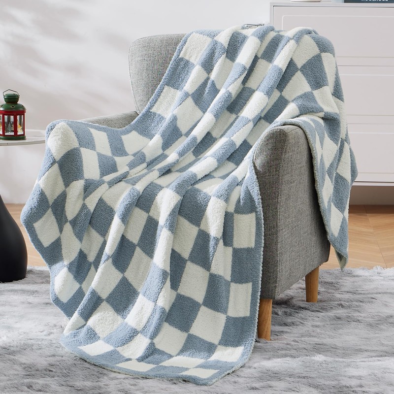 WRENSONGE Checkered Throw Blanket, Grey Blue Soft Cozy Fluffy Warm