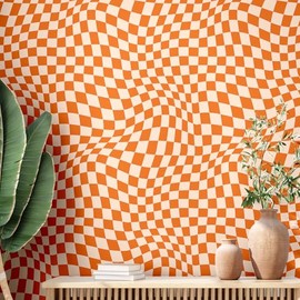 Dunzoom 15.75''x118'' Checkered Peel and Stick Wallpaper Aesthetic Removable Contact Paper Preppy Wallpaper Decorative Checkerboard Decor for Cabinets(Orange)