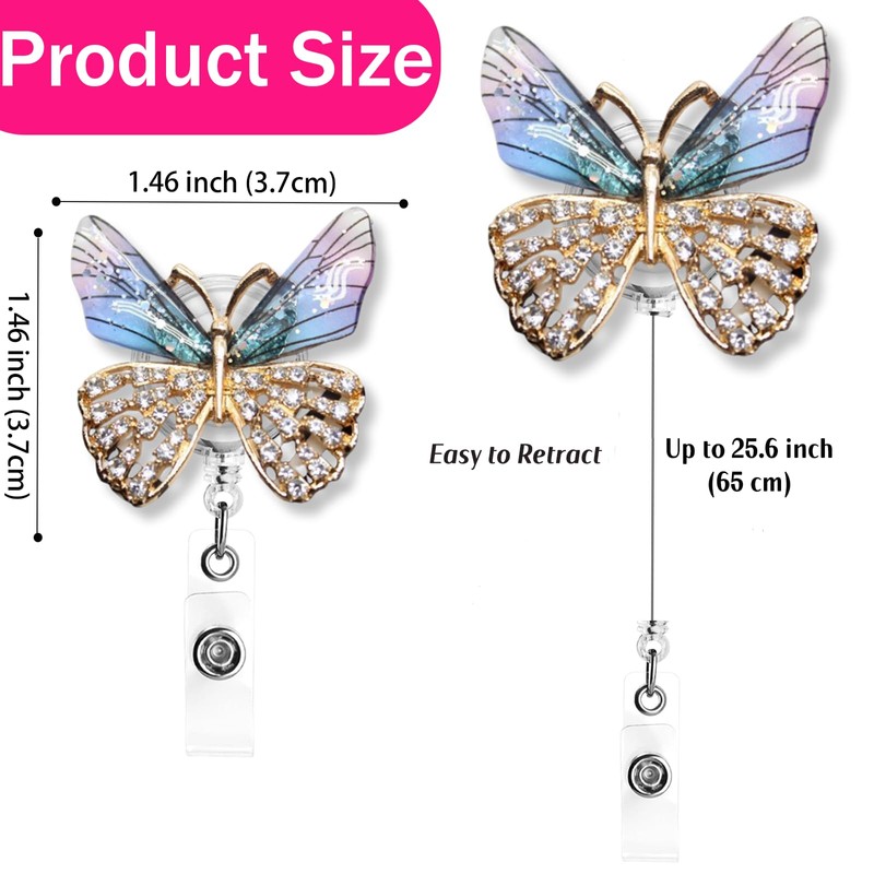 Butterfly Nurse Badge Reel Crystal Rhinestone Retractable ID Badge Name