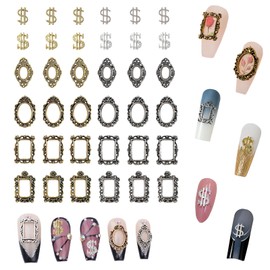 Yudisho 36 Pcs Gold Silver 3D Alloy Nail Jewelry, Mirror Frame Nail Charms, Dollar Money Nail Jewelry (6 Styles/2 Colors)
