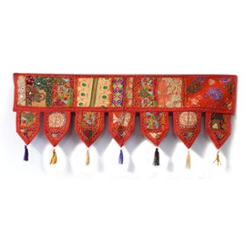 Indian Handmade Traditional Embroidered Toran Cotton Thoranam Door Living Room Decor Bandanwar Home Valance Decorations Window Hanging Bohemian Wall Ethnic Decorative Vintage (Orange 1 Meter)