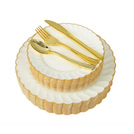 150pcs Ivory Scalloped Plastic Plates Set with Gold Rim,Fancy Disposable Dinnerware Sets Include 60 Plastic Dessert Plates,30Forks, 30Knives, 30Spoons Perfect for Wedding & Easter & Mother's Day