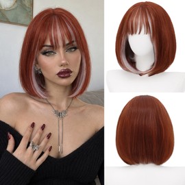 Copper White Bob Wig with Bangs, Short Straight Synthetic Wig for Women