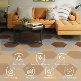 AKIVIDA Carpet Tiles Peel and Stick, 12”x 10” Non-Slip Self Adhesive Hexagon Carpet Floor Tile, 10Pcs DIY Reusable Waterproof Carpet for Gym Garage Living Bedroom