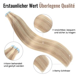 Tape-In Real Hair Extensions, Ash Blonde, 50 cm, Pack of 20, Invisible Tape Extensions Hair Extensions Real Hair (50 g/Pack)