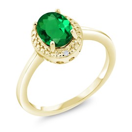Gem Stone King 18K Yellow Gold Plated Silver Green Nano Emerald and White Diamond Engagement Ring For Women (1.01 Cttw, Gemstone May Birthstone, Oval 8X6MM, Available In Size 5, 6, 7, 8, 9)