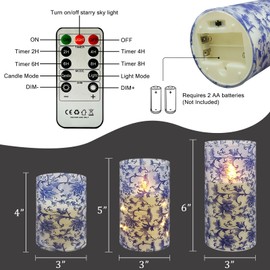 Flickering Flameless Candles Blue and White Porcelain Print, Embedded Star String Lights, Battery Operated Acrylic LED Pillar Candles with 11-Key Remote and Timer for Home Decoration, 3 Pack
