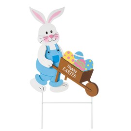 Glitzhome Easter Yard Signs Decorations Outdoor 30" H Wooden Easter Bunny Cart Yard Stakes Hanging Wall Decors Standing Decorations