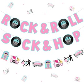 Fangleland Sock Hop Rock and Roll Banner Garland, 50s Party Decorations, 1950s Theme I Love the 50s Music Themed Birthday Party Supplies Hanging Decors