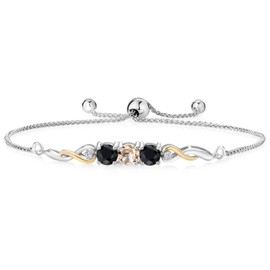 2-Tone Infinity Tennis Bracelet For Women | Gemstone Birthstone Black Sapphire and Accent Lab Grown Diamond | 925 Silver and 10K Yellow Gold | Round 5MM and 1.3MM | Fully Adjustable Up to 9 Inch