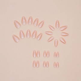 Almond Press on Nails Short Fake Nails with Chrome Designs Acrylic Nails Press ons Glossy Glue on Nails Light Pink False Nails Cute Artificial Stick on Nails for Women 30 Pcs