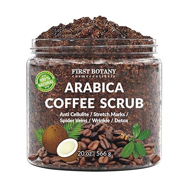 100% Natural Arabica Coffee Scrub with Organic Coffee, Coconut and Shea Butter - Best Acne, Anti Cellulite and Stretch Mark treatment, Spider Vein Therapy for Varicose Veins & Eczema (20 oz)