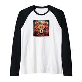 Leopard With Flowers Around Boho Style Graphic Raglan Baseball Tee