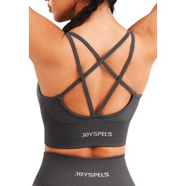 JOYSPELS Women's Sports Bra Seamless Longline 4-Way Stretch Yoga Top with Removable Pads for Gym, Workouts, Running Dark Shadow Grey S