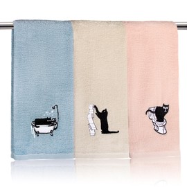 RinRinfam 3Pcs Cute Cat Hand Towels Farmhouse Bathroom Decor Embroidered Decorative Funny Black Cat 100% Cotton Soft Absorbent Towels for Bathroom Kitchen 14x29''