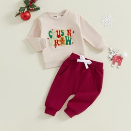 Toddler Baby Boys Christmas Outfits Gingerbread Man Cousin Crew Embroidery Jumper Long Sleeve Sweatshirts Pants 2pcs Set Unisex Tracksuit Newborn Xmas (Khaki, 12-18 Months)