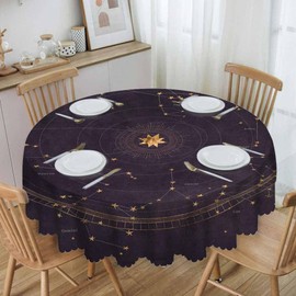 IBILIU Astrological Star Map Round Tablecloth,Planetary Zodiac Constellations Dark Purple Water Resistant Polyester Table Cloth Decorative Table Cover for Kitchen, Dining Desk,Party,Holiday - 58 Inch