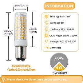 ZSSXOLED BA15D LED Bulb 120 Volt Dimmable 6W Double Contact Bayonet Base 60W T3/T4 Halogen Equivalent, BA15D LED Corn Bulb Warm White 3000K for Sewing Machine Pendant Ceil Wall Light (Pack of 4)