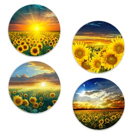 Drinks Coasters Set of 4, Sunflower Round 4" Cup Coasters, Absorbent Ceramic Stone Coasters with Cork Base, Cute Coasters for Table Home Décor, Ideal Gifts for Women Men