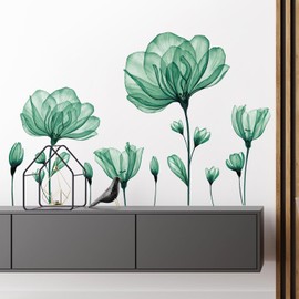 3D Dreamy Green Flowers Wall Decals Romantic Lily Blossom Floral Wall Stickers DIY Removable Watercolor Flower Plants Peel and Stick Vinyl Decor for Kids Girls Bedroom Living Room Nursery DT-1523