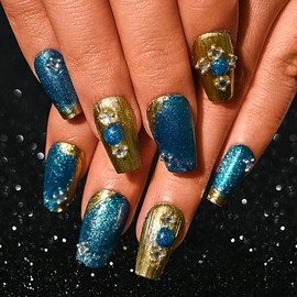 Sethexy Coffin Press on Nail Medium - Glitter, Gold French Tip, Rhinestone Design Acrylic False Nail for Women 15 Sizes - 30 Pcs Nail Kit with Glue