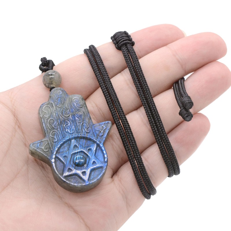 Natural Carved Labradorite Buddha's Hand 45mm Pendant Necklace for Unisex