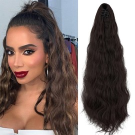 OMGREAT Ponytail Extension Long Wavy Ponytail Extensions Claw Clip in Ponytail Hair Extensions for Women Fluffy Synthetic Natural Soft Hair Ponytail Hair Piece 18" (Dark Brown)