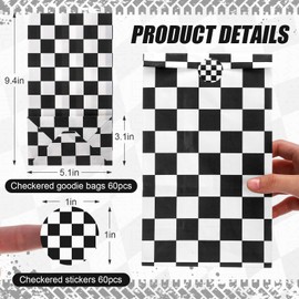 Humyoun 60 Pcs Checkered Racing Treat Bags with 60 Pcs Stickers Race Car Party Favors White Black Checkered Candy Goodie Gift Bags for Themed Birthday Party Supplies