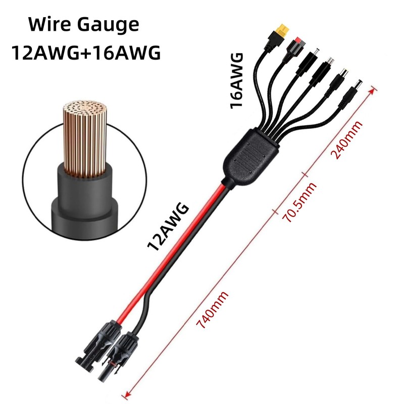 Leehitech 1M/3.28FT 6 in 1 Solar Panel Charging Cable, 16AWG