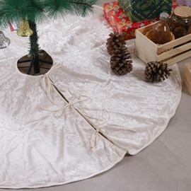Christmas Tree Skirt, 48 Inch Velvet Tree Skirt, Boho Xmas Tree Mat for Holiday Farmhouse Decorations Rustic Luxury Tree Skirt, Ivory Tree Skirt