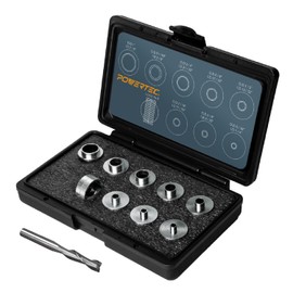 POWERTEC 72147 10pc Router Template Bushing Guides Set 5/16 to 1 Inch Fits Porter Cable Router Sub Bases & 1pc Solid Carbide Up Cut Spiral 1/4" Shank Router Bit, Perfect for Precision Woodworking