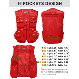 Flygo Men's Fishing Vest Utility Lightweight Outdoor Travel Safari Photo Cargo Vest with 16 pockets mesh Red M