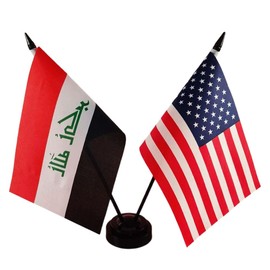 American & Iraq Twin Desk Flag, US Iraq Table Flags, 8 x 5 Inches American & Iraqi Deluxe Desk Flag Set - Miniature USA & Iraq Stick Flag with Flag Stand